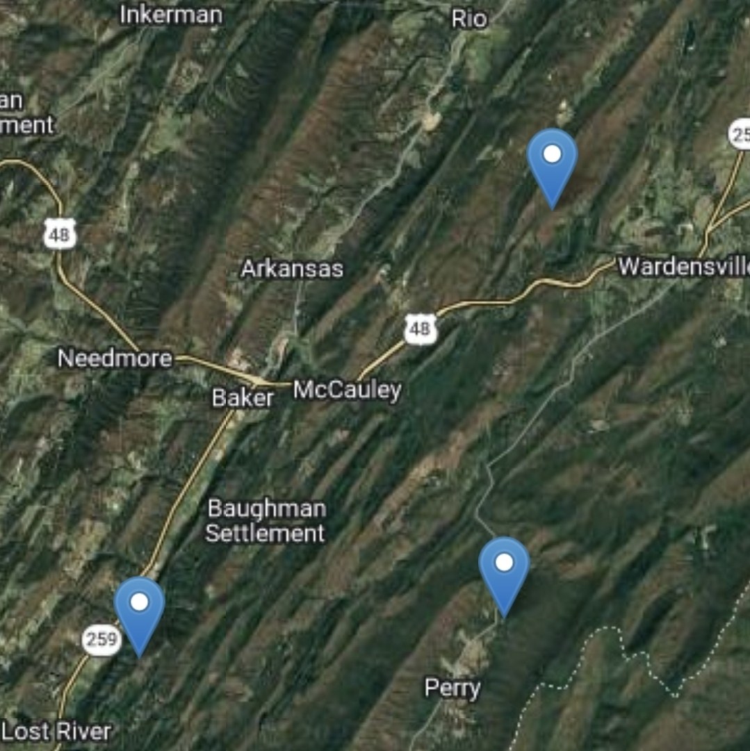 Map of Hardy and Hampshire Counties, WV, with job site pins