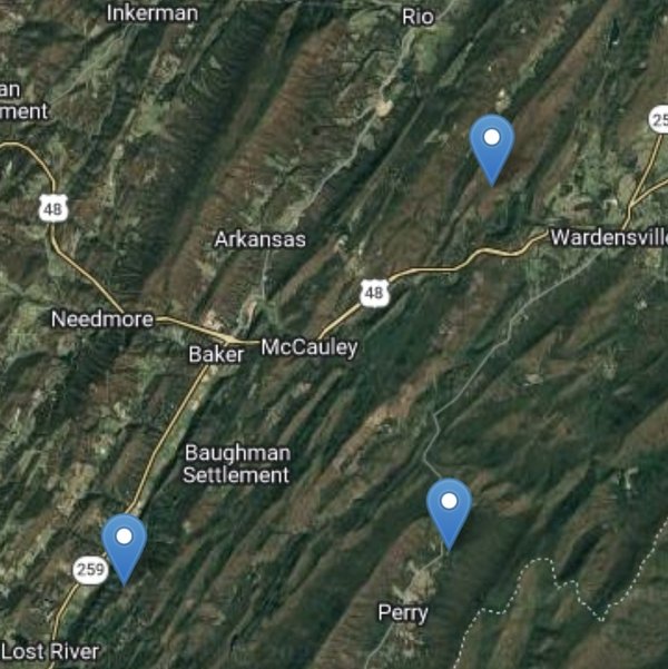 Map of Hardy and Hampshire Counties with job site pins