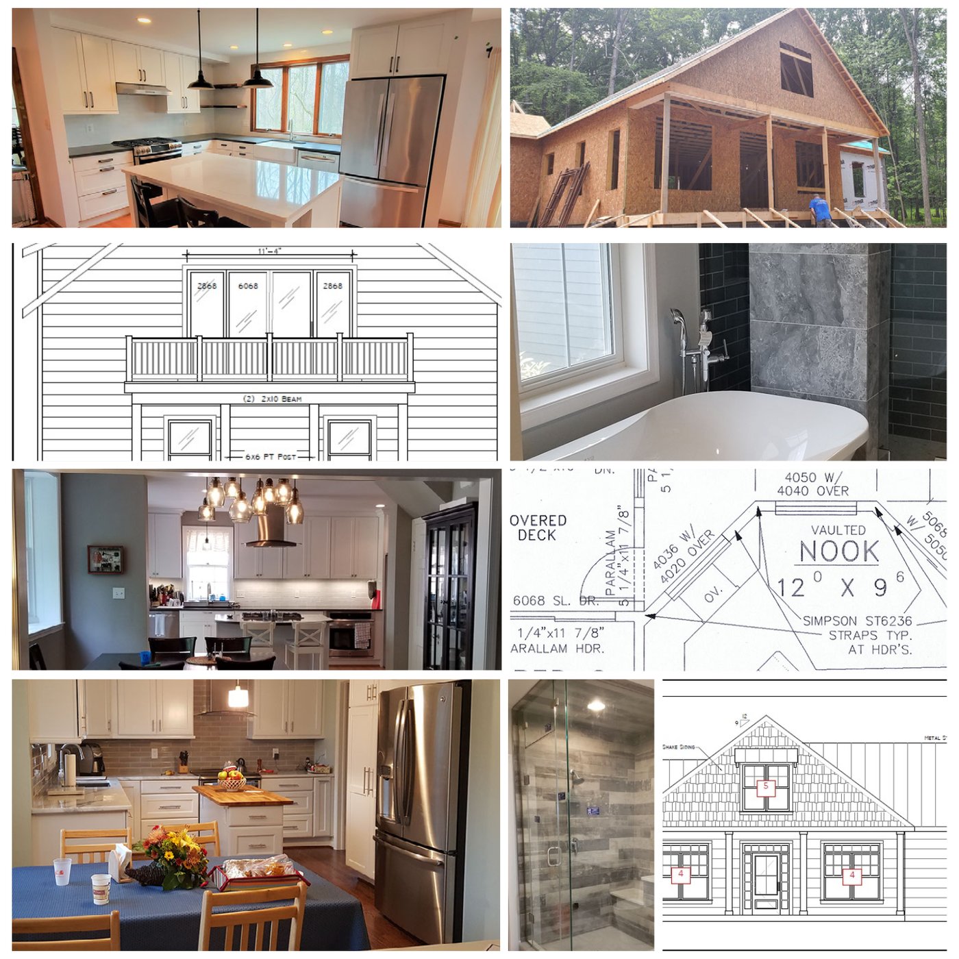 Collage of past Design-Build-Live projects including kitchens, baths, framing, and construction drawings