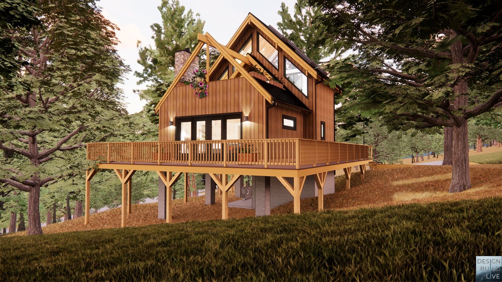 Conceptual rendering — timber-frame cabin in forest setting