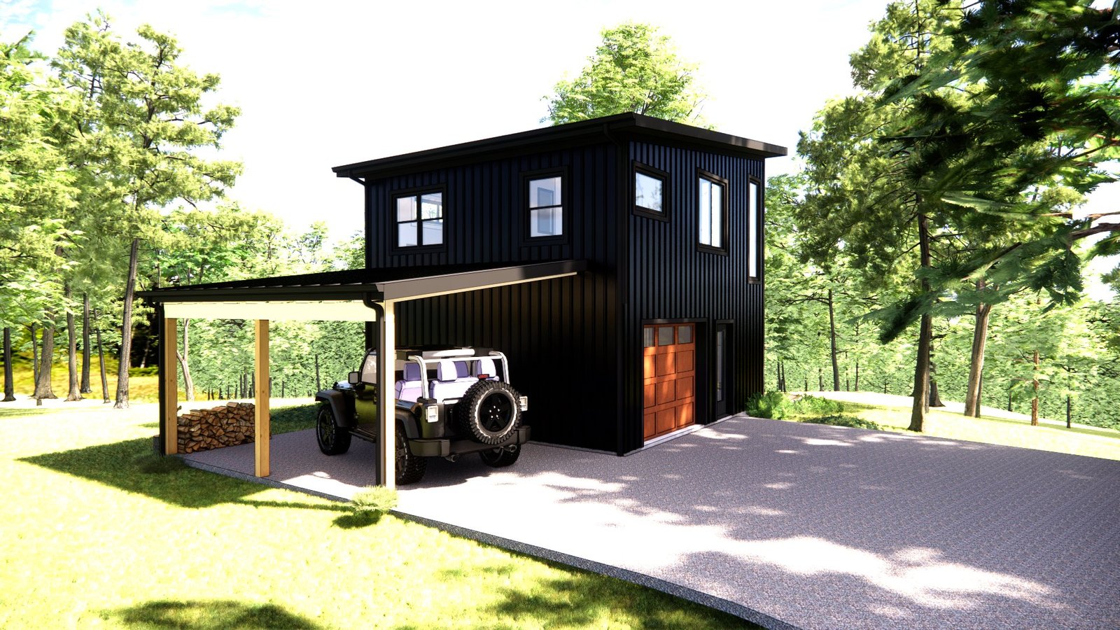 Conceptual rendering — modern two-story garage with carport