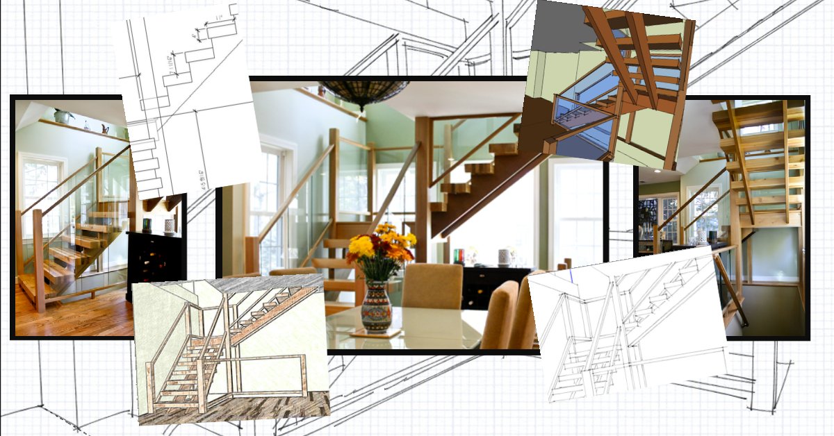 Floating staircase design process — collage of sketches, 3D renderings, and finished build photos