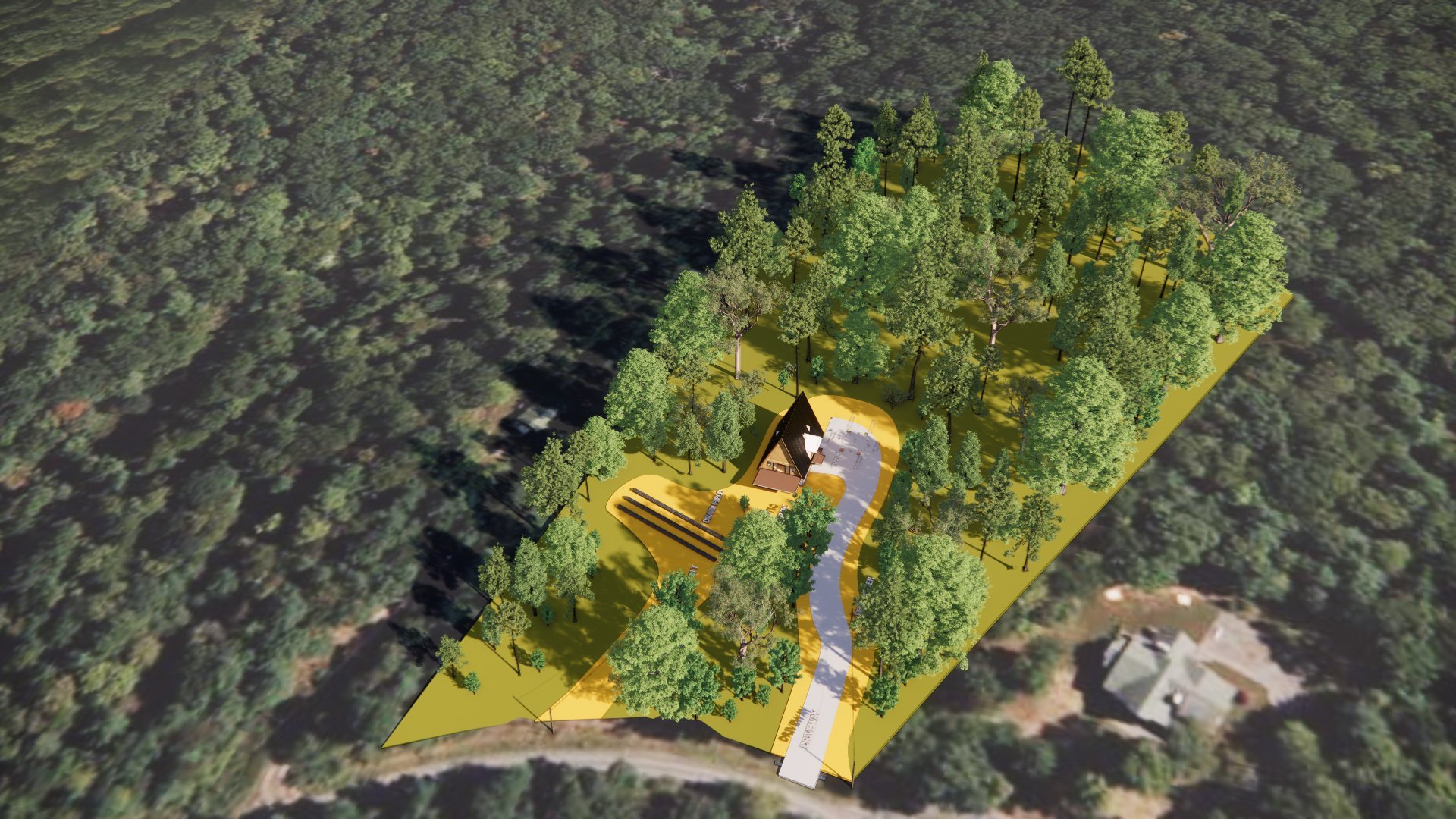 3D site modeling showing home placement, driveway, and property boundary overlay